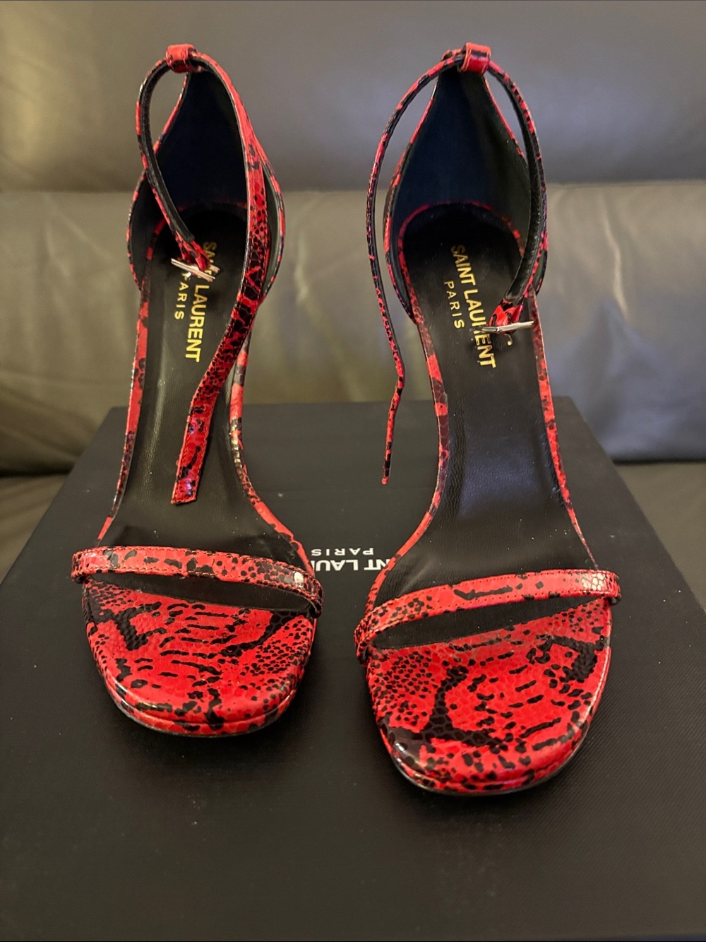 Saint Laurent Red Snake-Print Ankle-Strap Sandals
